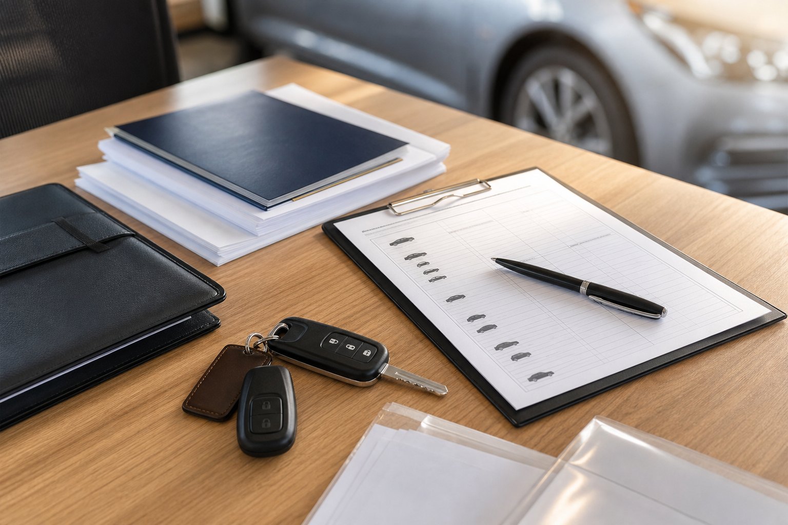 Car documents and keys on a desk