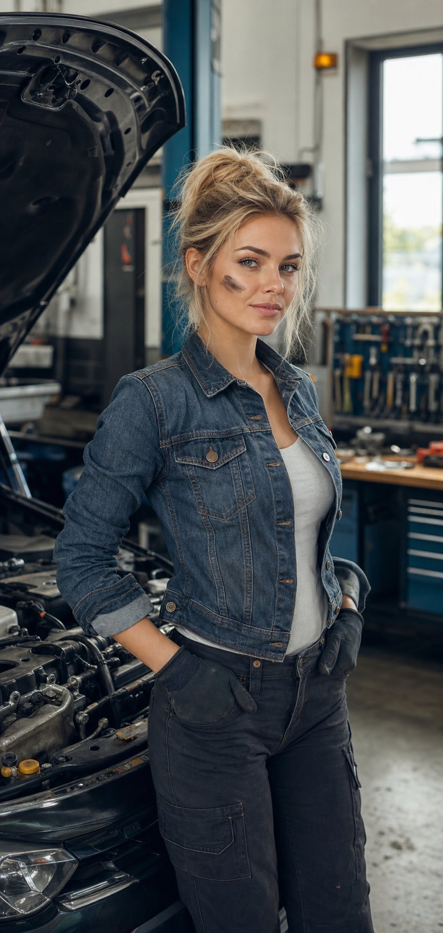 Service specialist beside an open hood