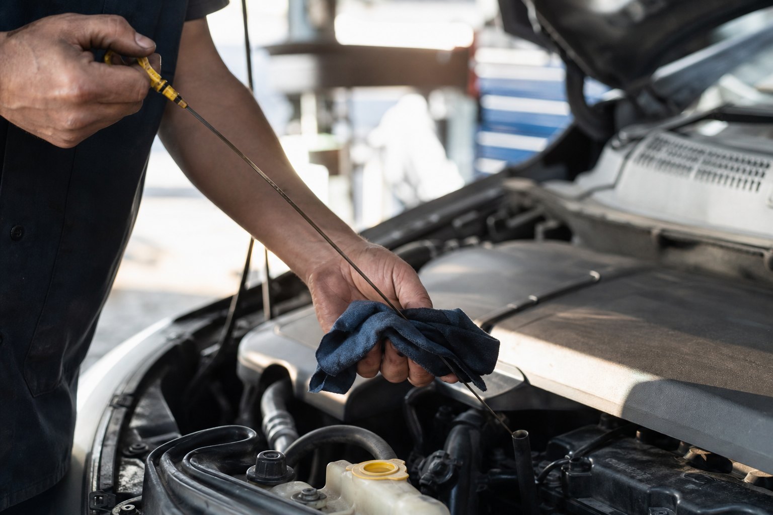 Checking the oil level with a dipstick