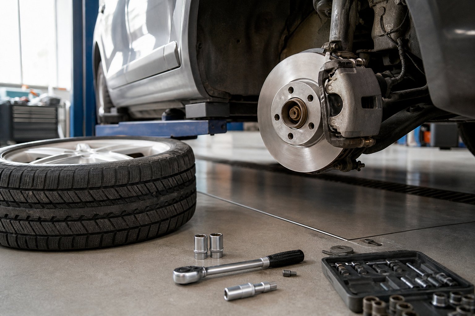 Wheel, brake disc, and tools in a service bay